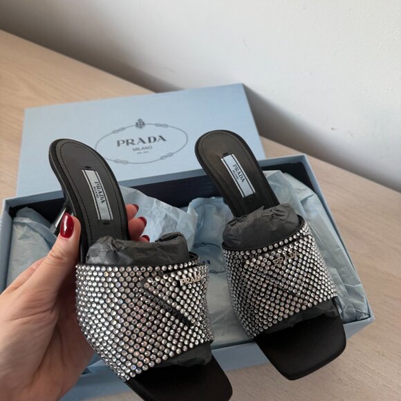 Prada Logo Slide Sandals Satin Crystal Embellished Kitten Heels Black - Picture 4 of 8
